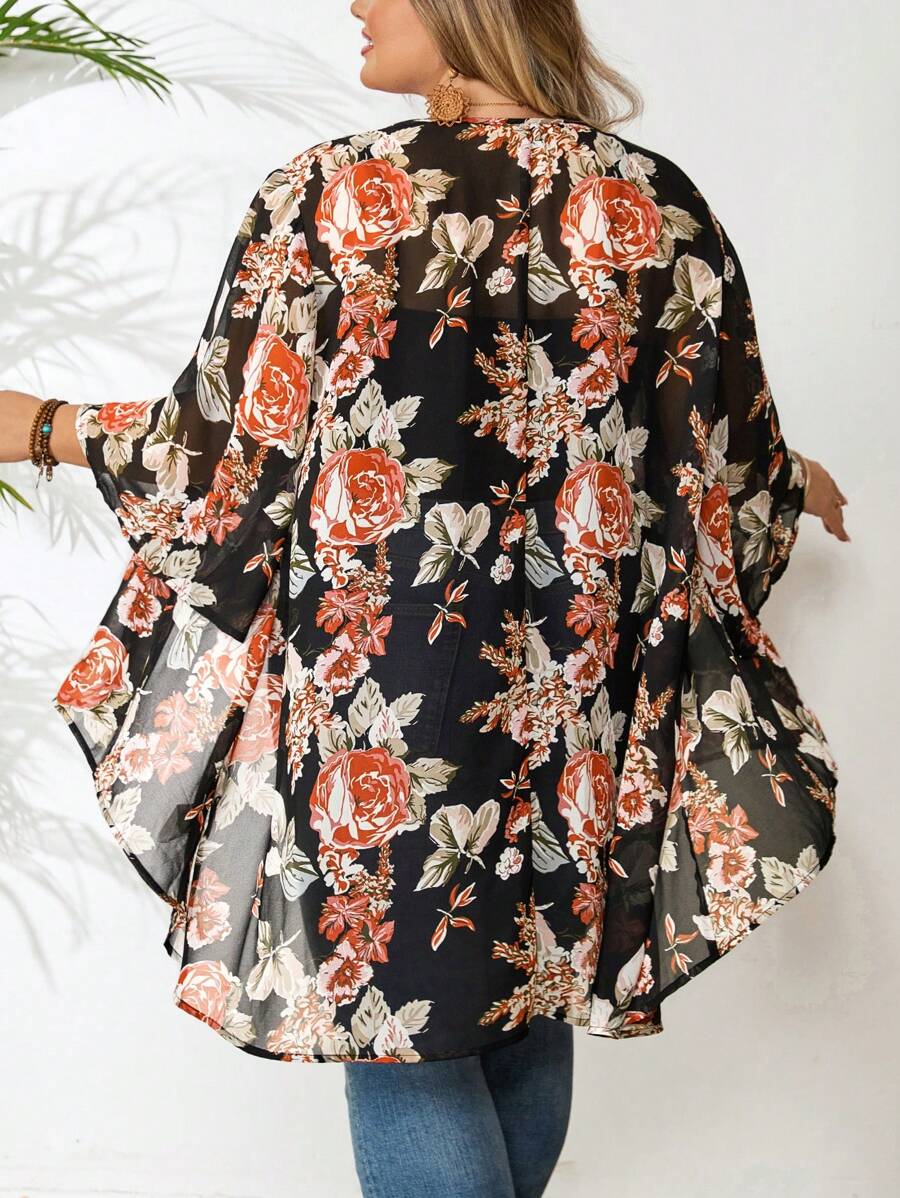 SHEIN CURVE+ Plus Size Women's Summer Lace Splice Black Casual Loose Long Arabic Robe, Vacation Bohemian Thin Cardigan Outerwear, Curve Plus, Boho Vacation - Black - View 1