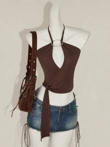 SHEIN ICON 女士纯色环状镂空性感短款露背背心 - 棕色 - 查看 1