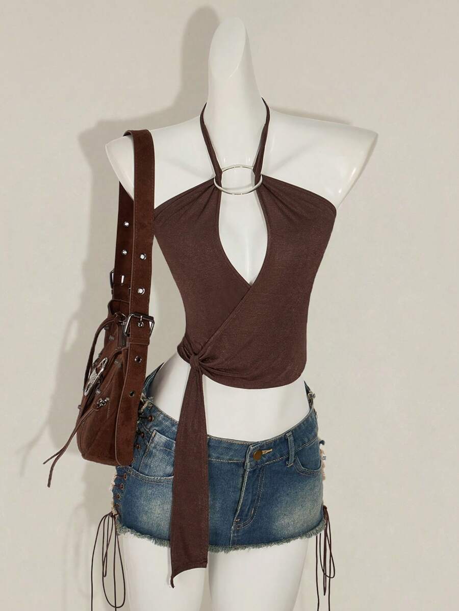 SHEIN ICON 女士纯色环状镂空性感短款露背背心 - 棕色 - 查看 1