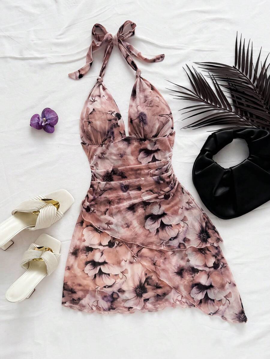 Soleia Váy ngắn lãng mạn, cổ chữ V, in hoa nhuộm loang, có dây rút, thích hợp cho các dịp lễ, hẹn hò, tiệc trà chiều ngày lễ tình nhân - Nhiều màu - Xem 1