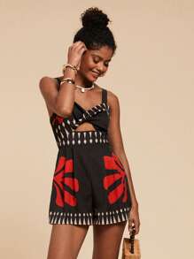 Travachic Damen Jumpsuit mit Blume Muster für den Urlaub, Frühling/Sommer - Schwarz - Übersicht 4