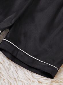 Girls Pajamas Set, Soft Solid Color Waffle Knit Applique Heart, Collar Button Short Sleeve & Shorts 2pcs For Teens - Black - View 7