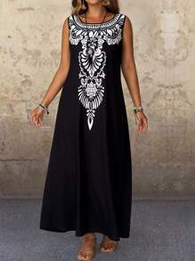 EMERY ROSE 大码无袖撞色花卉印花连衣裙，休闲度假风格 - 黑與白 - 查看 5