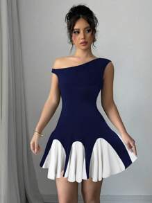 Firerie Váy ren bất đối xứng thanh lịch cho nữ màu tương phản, thích hợp cho ngày lễ tình nhân - Màu xanh hải quân - Xem 1