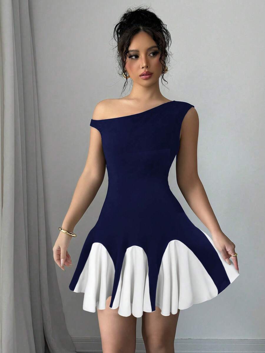 Firerie Váy ren bất đối xứng thanh lịch cho nữ màu tương phản, thích hợp cho ngày lễ tình nhân - Màu xanh hải quân - Xem 1