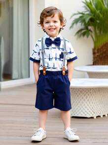 Young Boys Fashionable All-Over Print With Solid Bowknot And Detachable Suspender Shorts Suit, Gentlemen Style For Birthday, Wedding, Graduation, Formal Or Casual Occasions - Multicolor - View 2