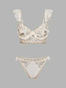 ROMWE Avant Summer Vacation Bohemian Style Embroidery Ruffled Sexy Underwire Bra & Panty Set For Women - Apricot - View 2