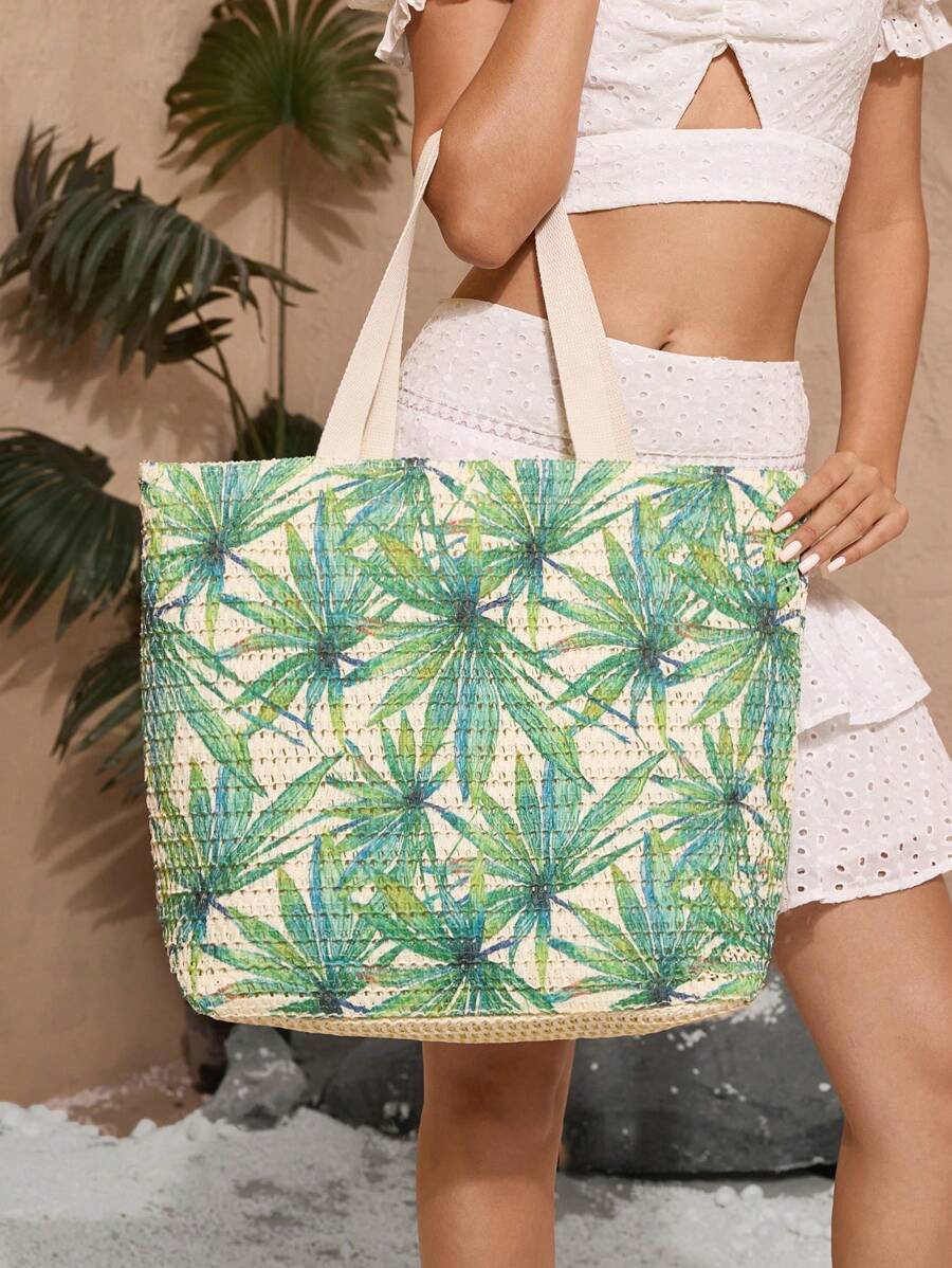 SHECARRY Bohemian Style Shoulder Bag, Casual Woven Tote Bag, Beach Style Handbag (Pattern Random), Summer Vacation Bag - Green - View 1