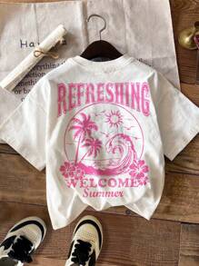 SHEIN Coconut Tree Beach Vacation Print, Pink Vacation Print, Tween Girls Casual Graphic Short Sleeve T-Shirt, Suitable For Summer - White - View 3
