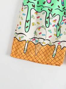 SHEIN Young Boy Ice Cream & Letter Print Drawstring Waist Beach Shorts - Green - View 4