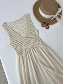 Flirla Abito maglia bianco versatile e sexy con stile patchwork da vacanza