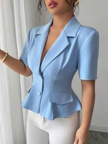 Elenzga 女士优雅通勤时尚奢华收腰修身深蓝色泡泡袖高端西装外套，适合工作、休闲、度假、商务、母亲节、教师节 - 藍色 - 查看 4