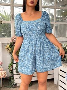 SHEIN EZwear Plus Size Women Square Neck Short Sleeve Floral Print Jumpsuit - Multicolor - View 5