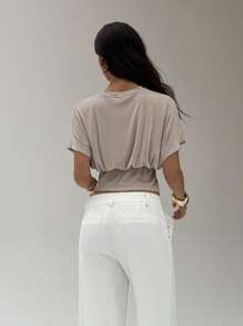 Aloruh Khaki Metallic Thread Elegant Knit T-Shirt For Work,Graduation,Back To School Outfits - Khaki - View 7