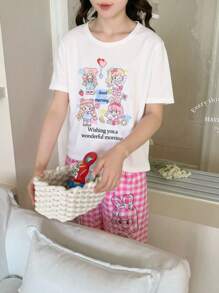 少女可愛卡通短袖上衣和長褲休閒服裝套裝 - 彩色 - 查看 3