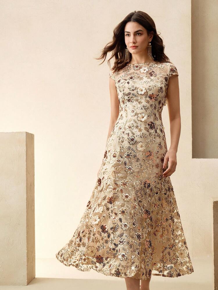 Elegant Champagne Women's Dress, Floral Embroidered Mesh Resort Wear, Shiny Sequin Short Sleeve Party Dress, Spring/Summer Outfit Party Dresses For Women