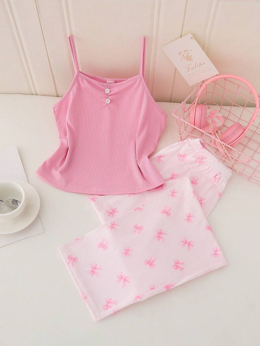 2 件套 Tween 女童针织吊带上衣和蝴蝶结印花休闲裤家居服套装，粉色 - 彩色 - 查看 1
