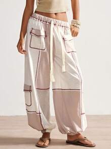 Bohemela Pantalones de pierna ancha de punto remiendados de cintura baja estilo boho casual de vacaciones para mujeres