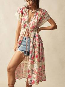 Bohemela 波西米亚风格乡村度假花卉印花撞色蕾丝女式短袖衬衫 - 白色 - 查看 7