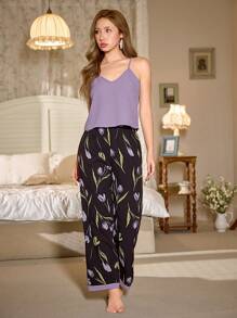 CottageSlumber Bộ đồ ngủ áo hai dây và quần in họa tiết hoa Colorblock cho mùa lễ hội, họa tiết hoa lộng lẫy, ấm cúng và thanh lịch - Nhiều màu - Xem 3