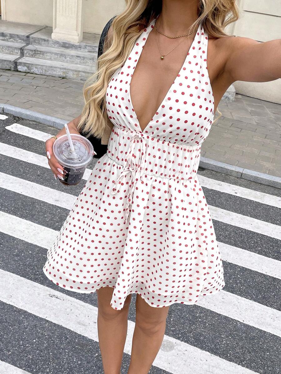 Chiquease 女士夏季新款优雅连衣裙，红色波尔卡圆点荷叶边系带迷你连衣裙，适合度假、约会、通勤、休闲穿着 - 紅白色 - 查看 1