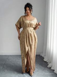 Elenzga 大码女式优雅纯色V领夏季金色连衣裙，腰部收紧，随机花卉印花，侧开衩，短袖，欧美风格 - 金色 - 查看 1