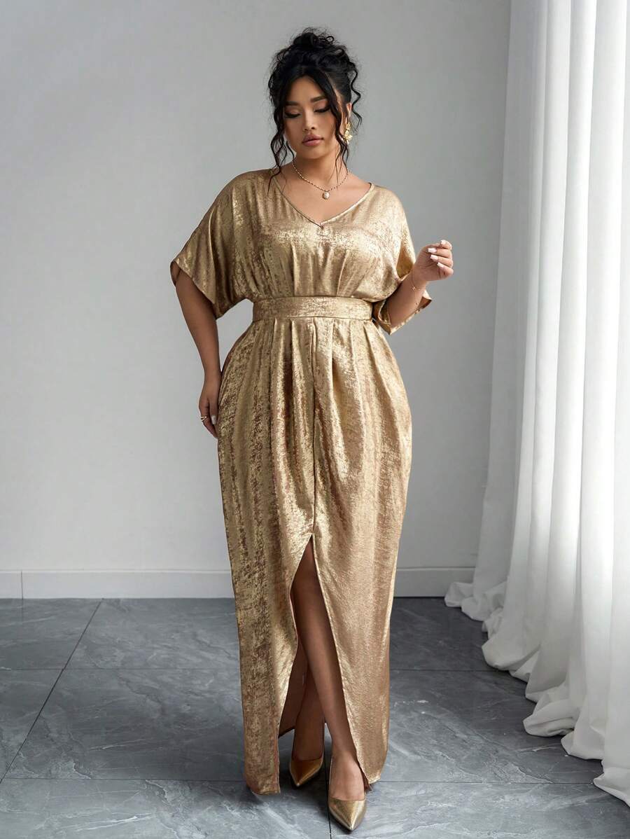 Elenzga 大码女式优雅纯色V领夏季金色连衣裙，腰部收紧，随机花卉印花，侧开衩，短袖，欧美风格 - 金色 - 查看 1