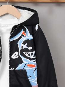 SHEIN 男童毛絨內裡帶連帽花印夾克 - 黑色 - 查看 4