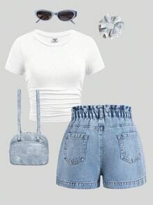 SHEIN Explorewe TWEEN GIRLS 牛仔短裤，宽松休闲牛仔短裤，荷叶边腰部设计，时尚百搭水洗蓝色牛仔短裤 - 中等水洗藍 - 查看 2