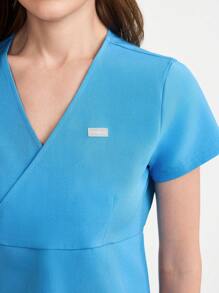 Scrubzie Crossover Neck Simple Short Sleeve Top And Pants Scrub Uniform Set