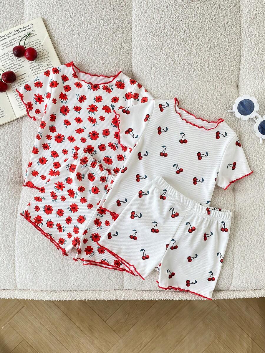 4pcs Baby Girls Spring/Summer Casual Everyday Outfits - Ditsy Floral & Cherry Print Knitted Short Sleeve T-Shirt & Shorts Set, 0-3 Years - Multicolor - View 1