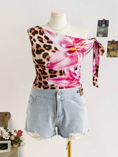 Soleia 大码女式度假不对称肩部系带蝴蝶结豹纹上衣