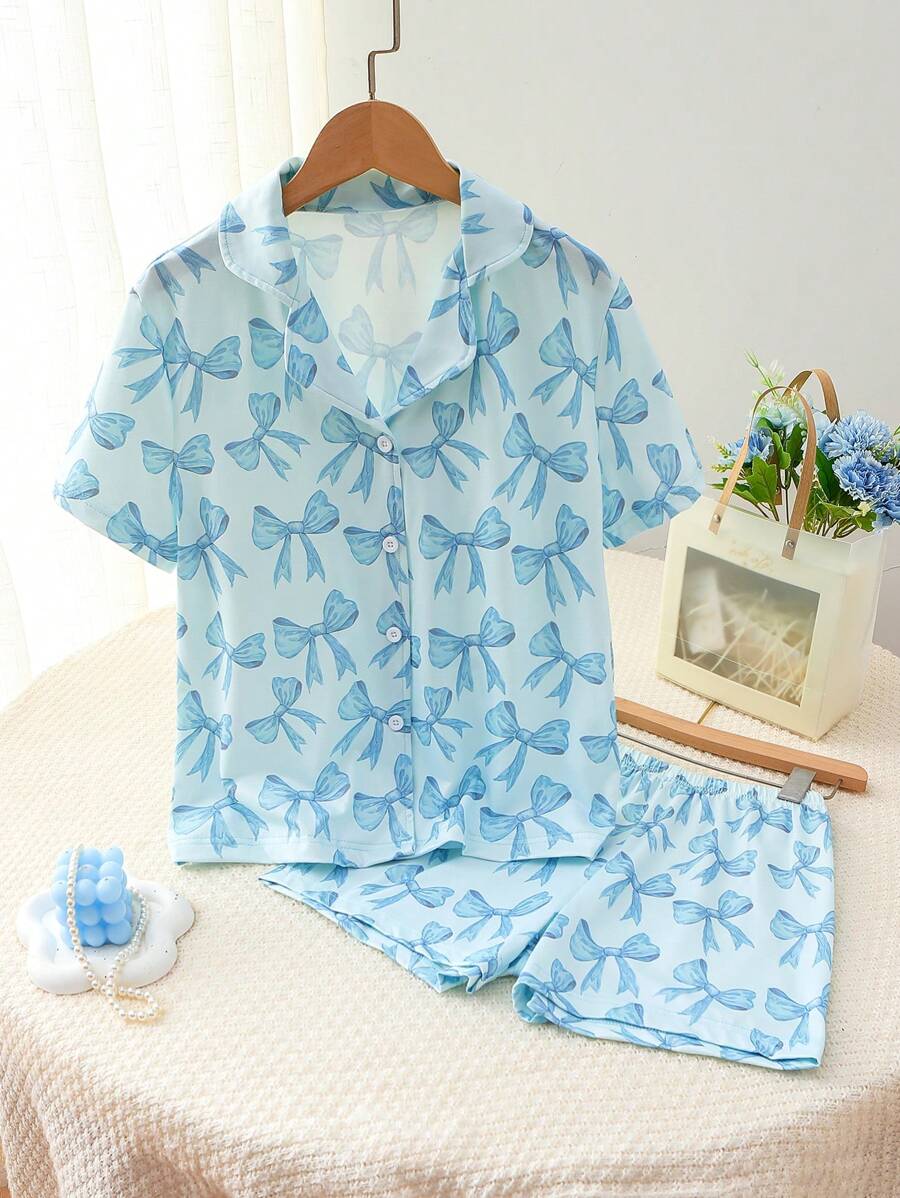 Tween Girls Butterfly Print Front Button Short Sleeve Shorts Pajama Set, Elegant Fashion Home Wear - Baby Blue - View 1