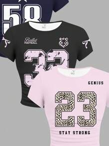 SHEIN Leap Crew 3pcs Set Tween Girls Slim Fit Casual Solid Knit Tops With Ruched Collar, Leopard Print Number Graphic, And Bow Print, Short Sleeve - Multicolor - View 6