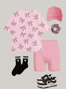 SHEIN Leap Crew 2 件套青少年女孩休闲简约短袖 T 恤和短裤套装，适合夏季 - 彩色 - 查看 2