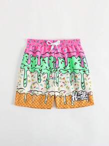 SHEIN Young Boy Ice Cream & Letter Print Drawstring Waist Beach Shorts - Green - View 5