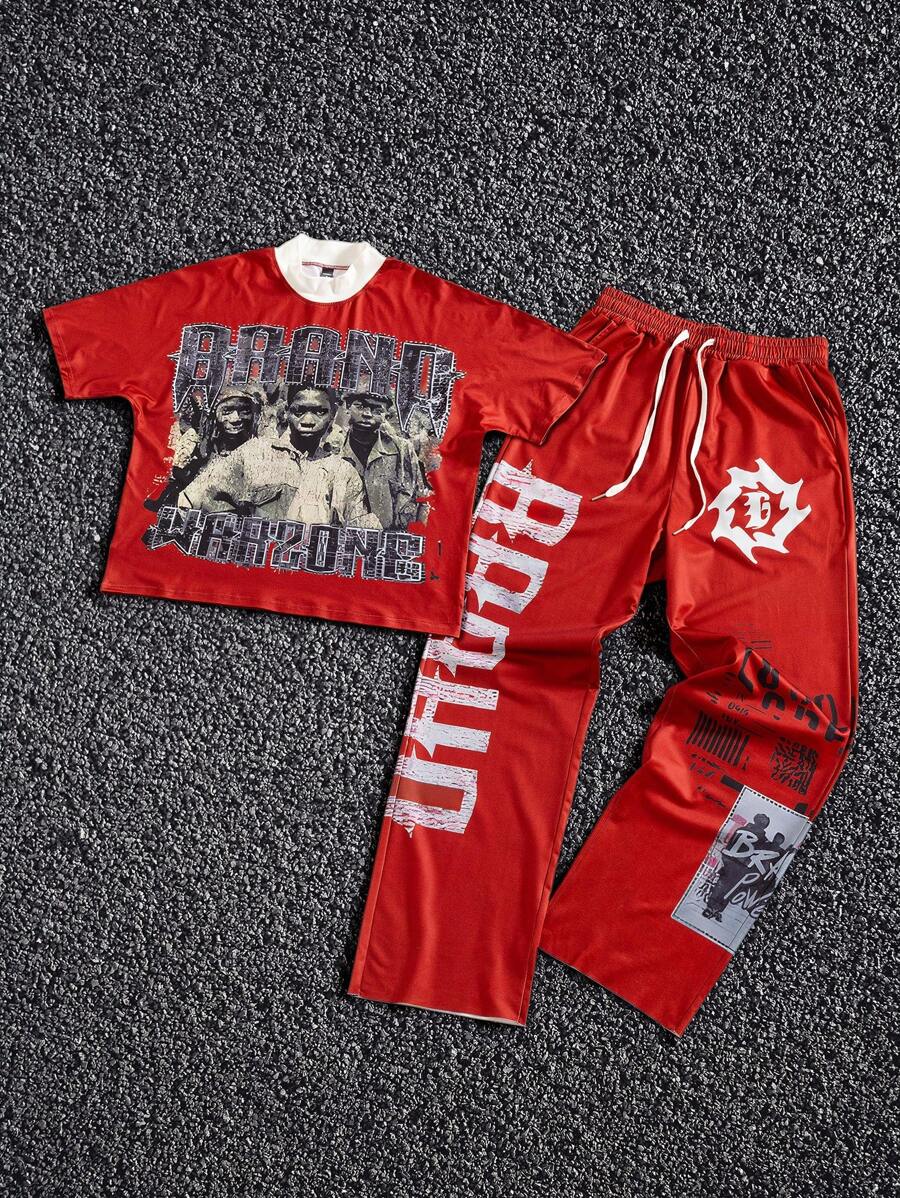 Manfinity EMRG 2pcs/Set Men's Casual Portrait & Letter Print Short Sleeve T-Shirt And Drawstring Waist Shorts Set, Summer - Multicolor - View 1