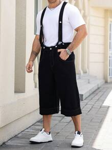 Manfinity Homme Plus Size Men's Black Denim Bib Overalls With Multiple Pockets