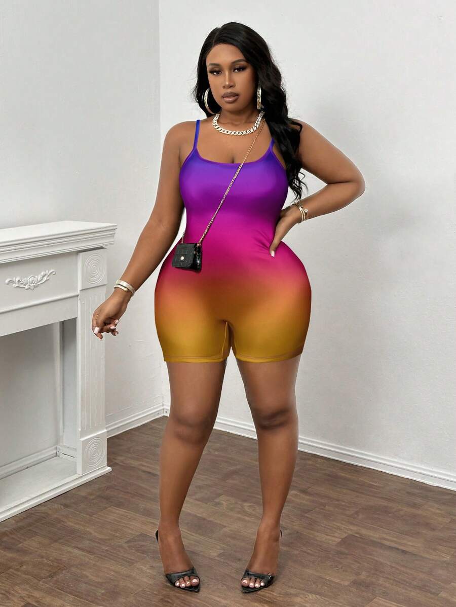 Slaydiva Casual Gradient Print Jumpsuit, Loose Fit Summer Outfit For Plus Size Women - Multicolor - View 1