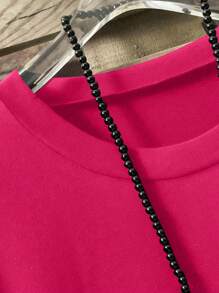 Linhara CURVE Áo thun nữ cổ tròn tay ngắn màu trơn cỡ lớn thiết kế nút thường ngày - Màu Hồng Tươi - Xem 5