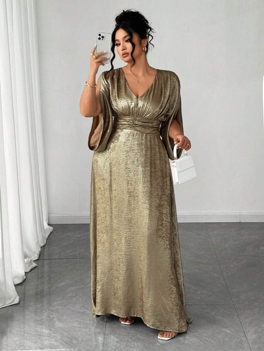 Elenzga Plus Size Women's Hot Selling V-Neck Split Waist A-Line Metallic Print Elegant Slimming Evening Dress For High-Level Banquet, Party, Business, Off Shoulder, Romantic, Super Long, Formal Gown - Gold - View 1