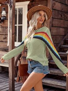 LanaWest 女士乡村风格撞色圆领长袖镂空毛衣，适合度假 - 綠色 - 查看 3
