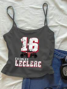 Women's Summer Letter Print Round Neck Cropped Cami Top - Grey - View 1