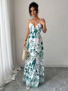 Elenzga Vestido elegante y romántico con estampado floral para mujer, con cuello en V, tirantes de espagueti y ajuste en la cintura en línea A