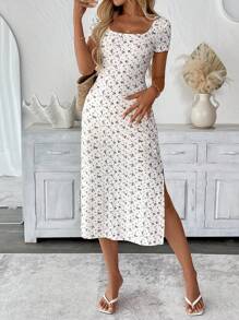 SHEIN LUNE Langer schwarzer Blümchen-Strickkleid mit quadratischem Ausschnitt, Lässig, süß und romantisch