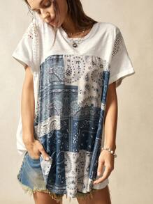 Bohemela Plus Size Women Summer Casual Vacation Patched Paisley Print Lace Patchwork Loose T-Shirt - Multicolor - View 2