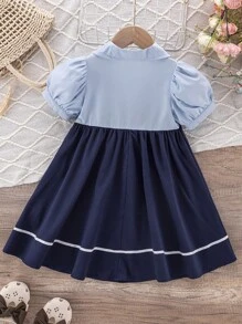 SHEIN 年轻女孩夏季拼布灯笼袖刺绣腰带 A 字连衣裙，校园风格