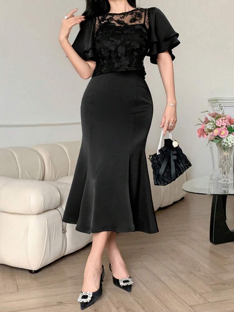Women Floral Contrast Mesh Crew Neck Short Sleeve Fishtail Hem Dress, Elegant Dress
