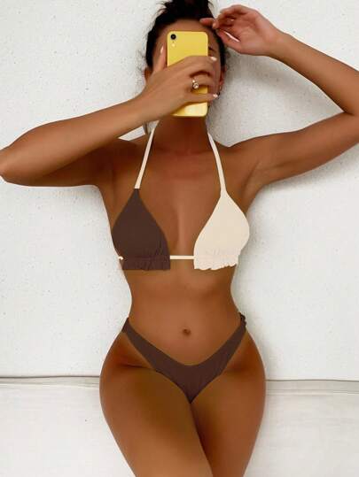 Swim Basics Contrast Color Halter Wireless Split Bikini Swimwear, Suitable For Summer Beach