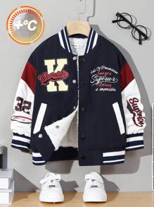 SHEIN Young Boy Letter Graphic Colorblock Teddy Lined Varsity Jacket - Multicolor - View 1